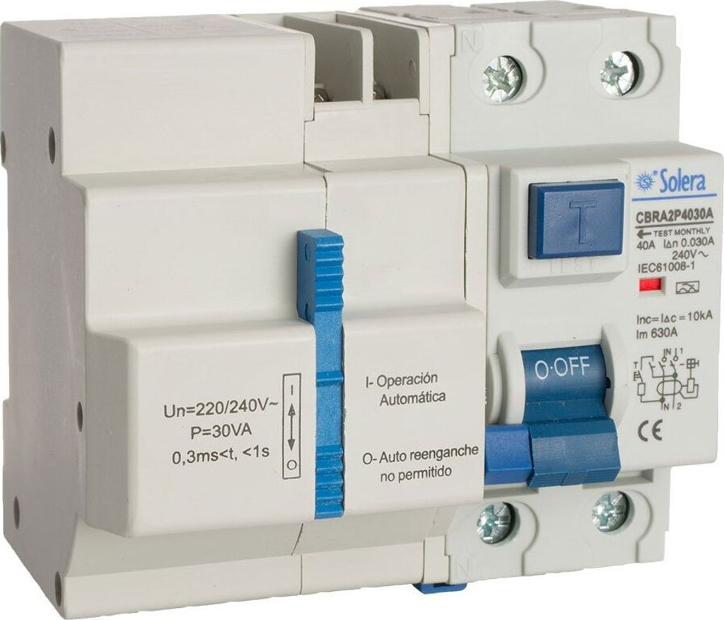Int. Differenzial 2p 40a 30ma Ac mit automatischer Rückstellung mit 3 Phasen. Solera Cbra2p4030a