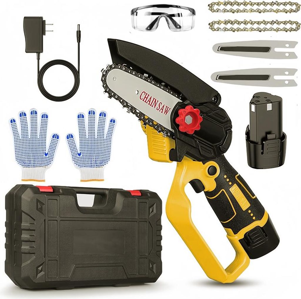 4 Zoll Akku-Kettensäge,Mini-Kettensäge,Handheld -Lithiumkettensäge mit 2x 12V 1300 mAh Batterie,Ein-Klick-Einstellungskette,Elektrische Gartensäge