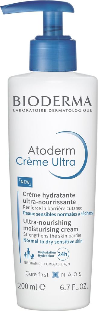A white bottle of Bioderma Atoderm Creme Ultra with a blue pump dispenser.