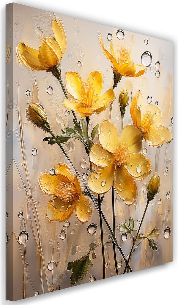 Leinwandbild Gelbe Blumen Regentropfen 60x90 Feeby Gelb bild für die wand bereit zum aufhängen