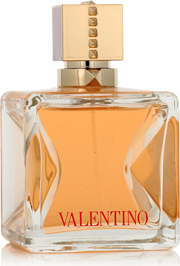 A close-up studio shot of a Valentino perfume bottle.