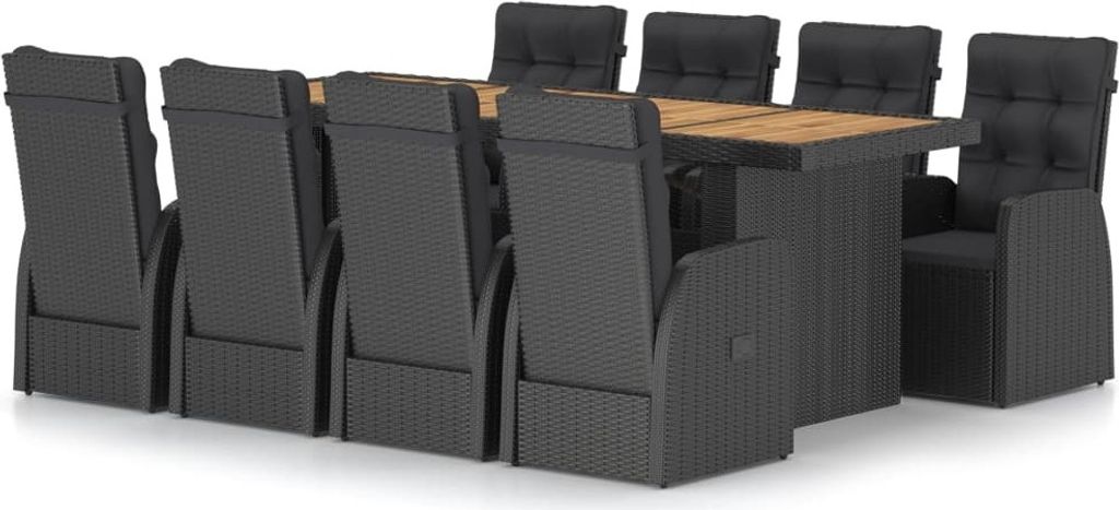 vidaXL 9-tlg. Garten-Essgruppe mit Kissen Poly Rattan Schwarz