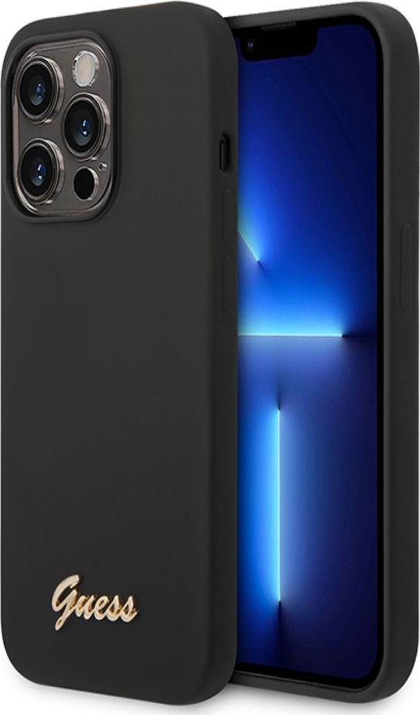 Guess Husa Silizium Metall Logo iPhone 14 Pro Max Negru