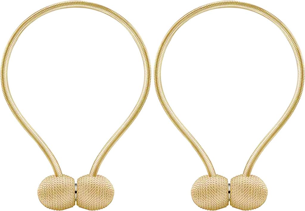 Two gold magnetic curtain tie-backs are shown against a white background.