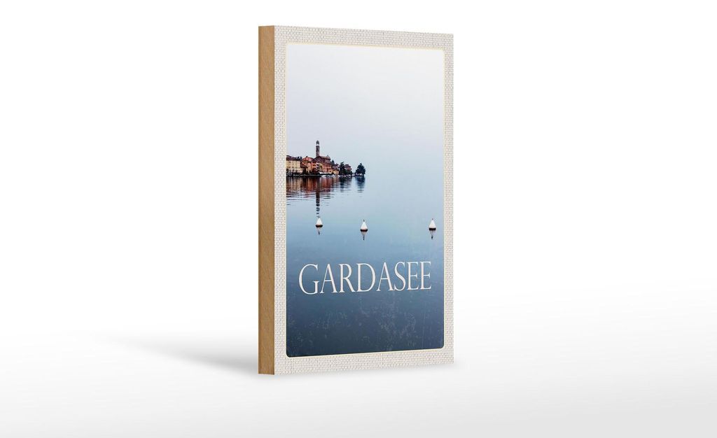 Holzschild Reise 12x18 cm Gardasee Italien See Bäume Gebäude