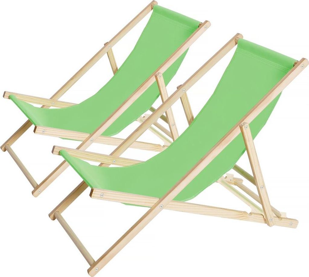 Two green deck chairs made of wood, shown from a diagonal angle against a white background.