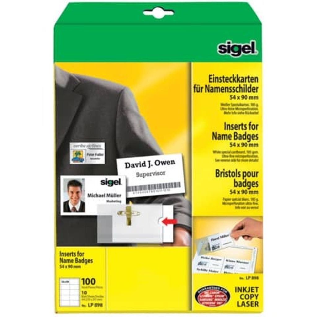 SIGEL LP898 PC-Einsteckkarten für Namensschilder, 54 x 90 mm, weiß, 100 Stück