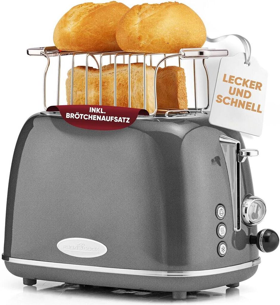 A gray ProfiCook toaster with bread and rolls on top, set against a white background.