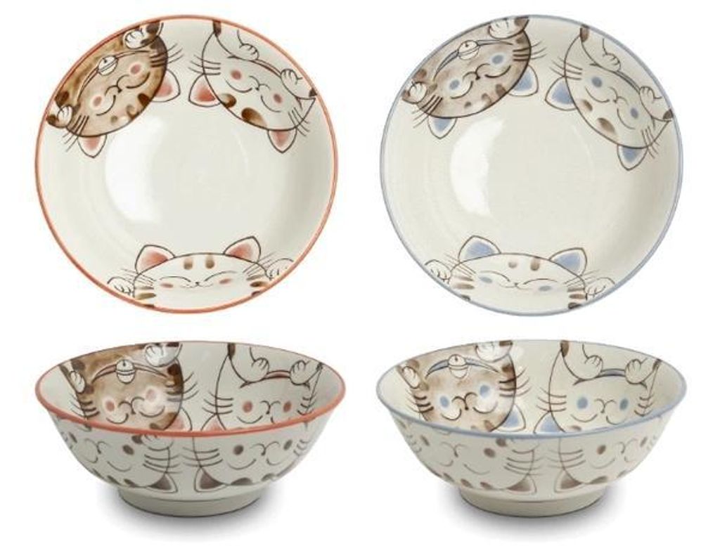 Emro Aziatica | Set Aus 2 Japanischen Schalen - Rosa Und Blau - 19,5 X 7 Cm - Katzenmotiv - Keramikschalen