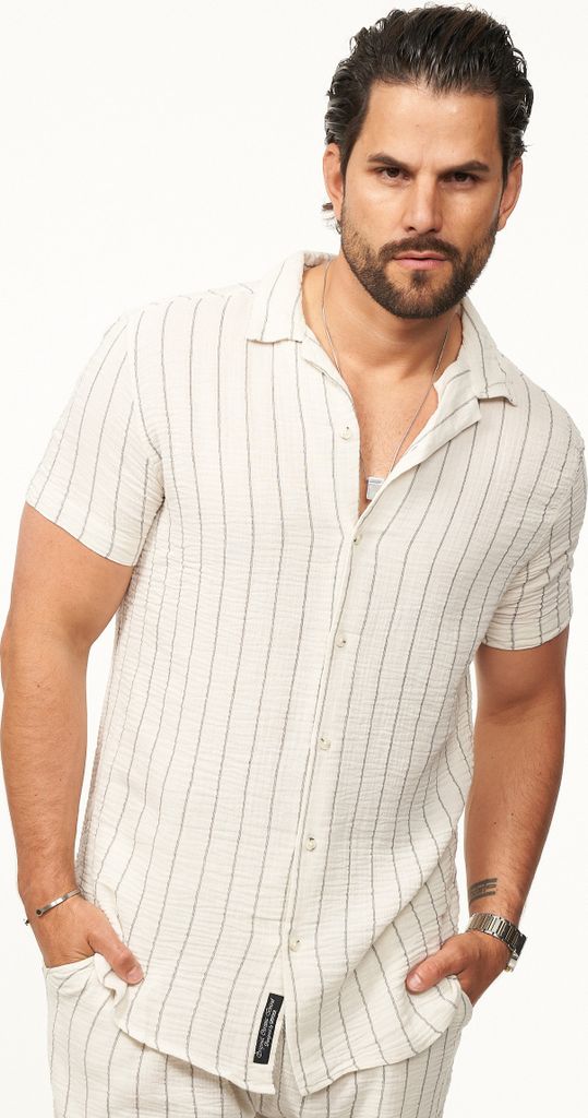 CARISMA Herren Kurzarmhemd für Herren im luftigen Crinkle-Stoff mit Streifen - Summer-Look Kurzarm Strick Polo-Hemd T-Shirt luftig & leicht