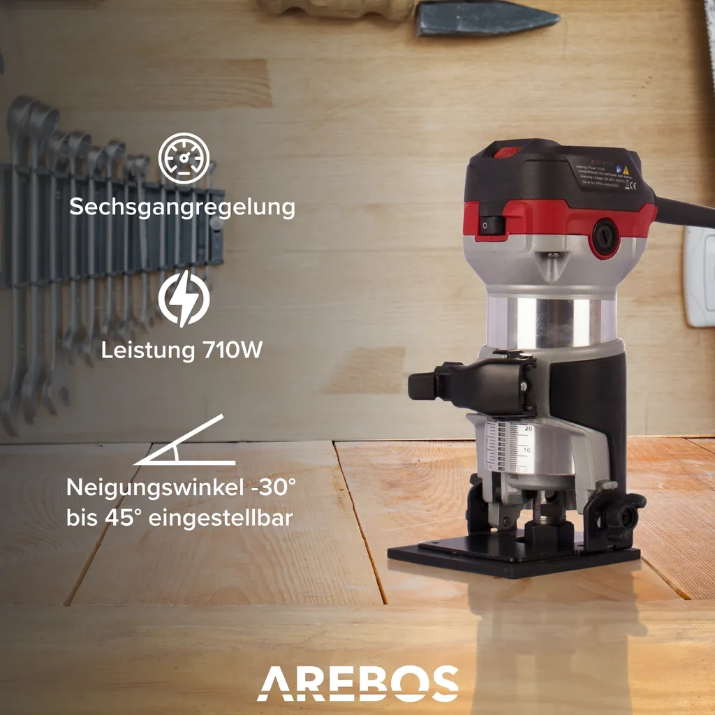 AREBOS Défonceuse Multifonction 710W - Blocage Broche et Base Plongeante - 14