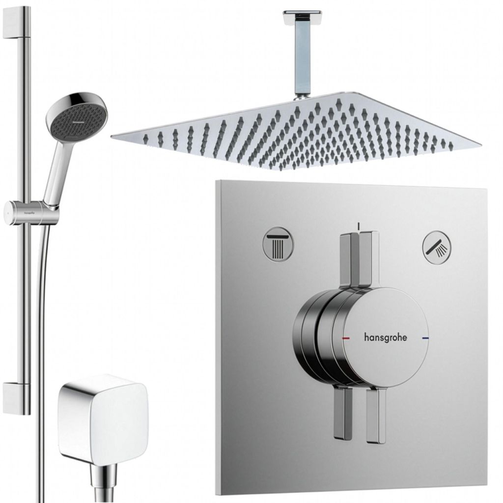 Hansgrohe und Jowi Unterputz Duschsystem, 650mm Brausestange, 300x300mm Kopfbrause, DuoTurn E Duscharmatur, OHNE iBox 2, Deckenanschluss