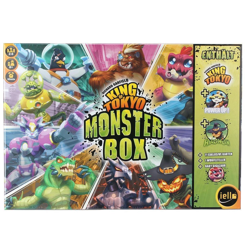 The image shows the front of a board game box for 'King of Tokyo - Monster Box'. The box features colorful illustrations of various monsters and game elements.