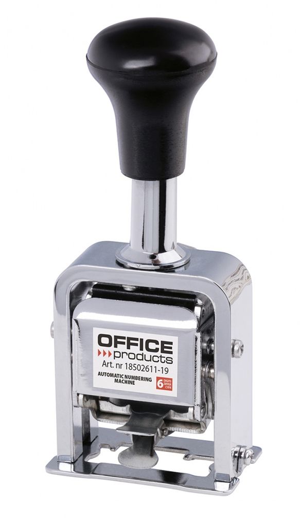 A silver and black automatic numbering machine with a black handle is shown against a white background.