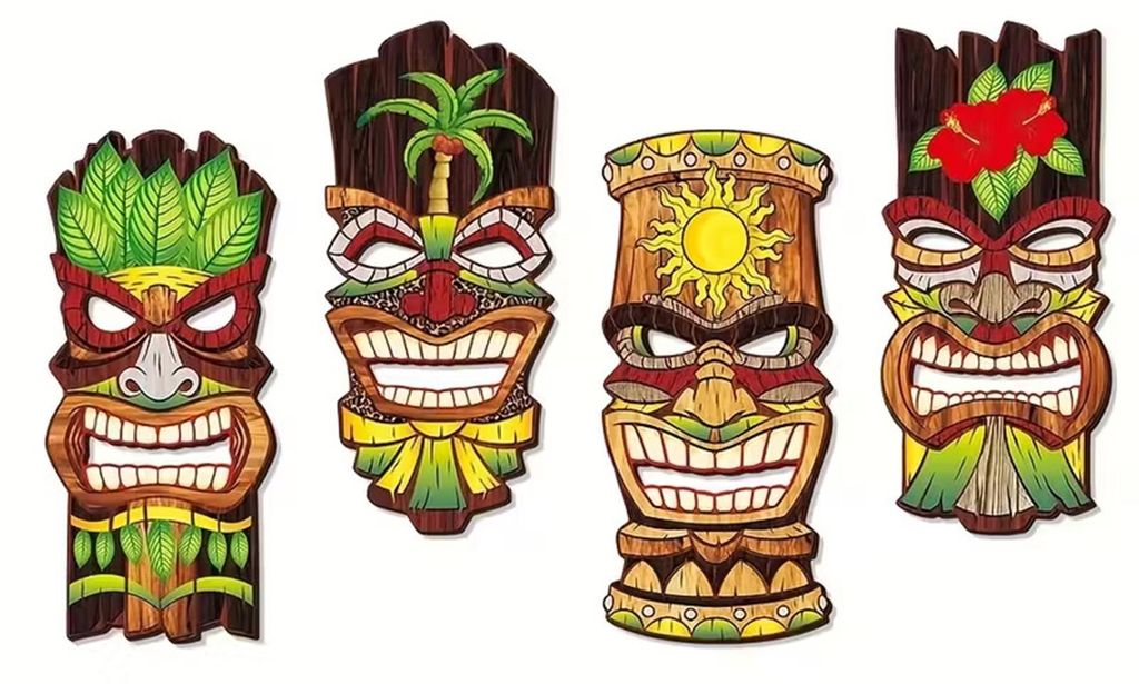 4-teiliges Set Gesichtsmasken aus Massivholz, handbemalt, im tropisch-hawaiianischen Stil, zur Dekoration von Strand- und Poolbereichen