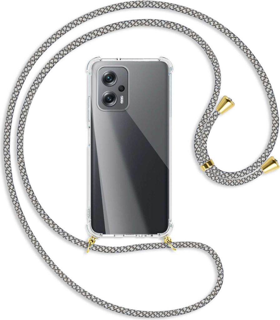 Handykette Backcover-Schutzhülle mit Band (Metall goldfarben) für Xiaomi Poco X4 GT - weiß/grau kariert