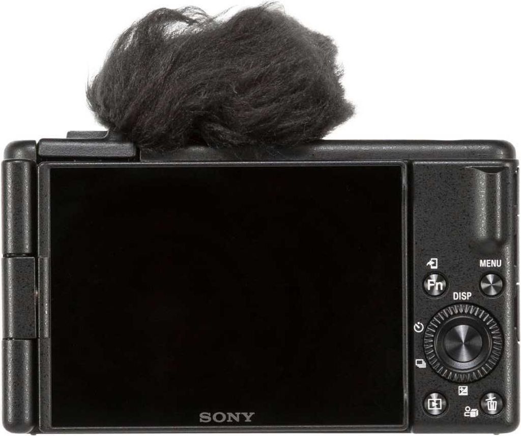 The back of a black Sony digital camera with a furry microphone attachment on top.