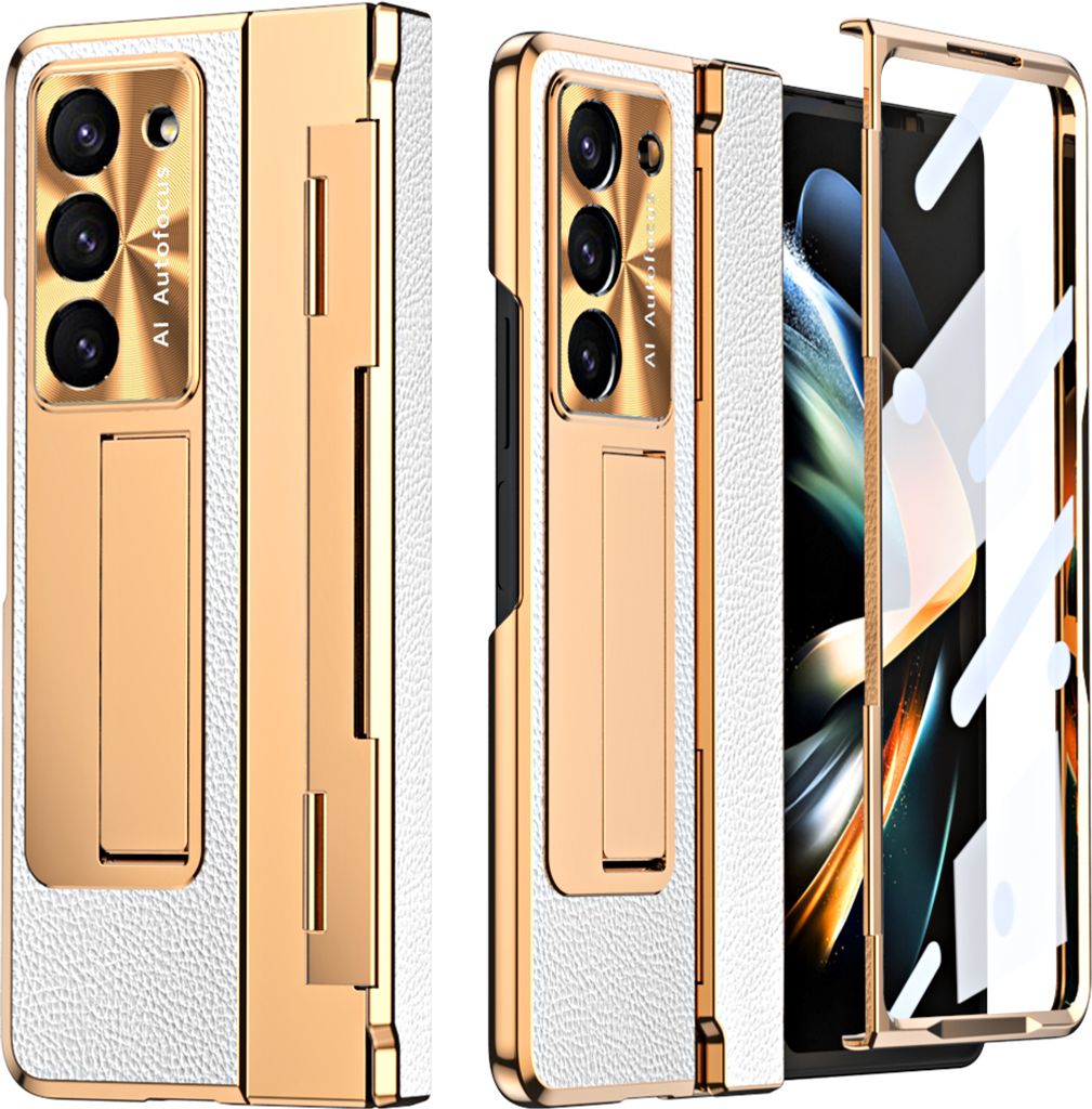 Hülle für Samsung Galaxy Z Fold 6 mit Displayschutz & Objektivschutz Galvanisierte Litschi Ständer Schutzhülle Weiß