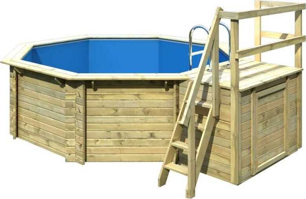 Aufstellpool Holzpool-Set Karibu Classic 1B rund Ø 400x124 cm inkl. Leiter, Bodenschutzvlies & Sonnendeck Holz