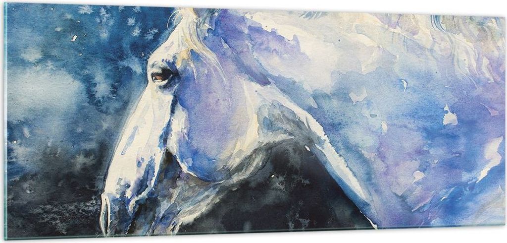 Bilder auf glas - Einteilig - Pferd Aquarell Porträt - 100x40cm - Glasbilder - Wandbilder - Bilder - zum Aufhängen bereit - Wanddekoration aus Gl...