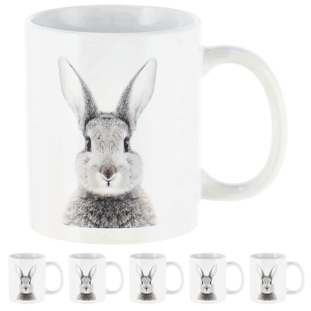 Kaffeebecher 'Hase' 6er Set 300 ml Steinzeug 12,5x9,5x8cm weiß Henkeltasse Tasse Becher Aufdruck Tiermotiv Osterdeko