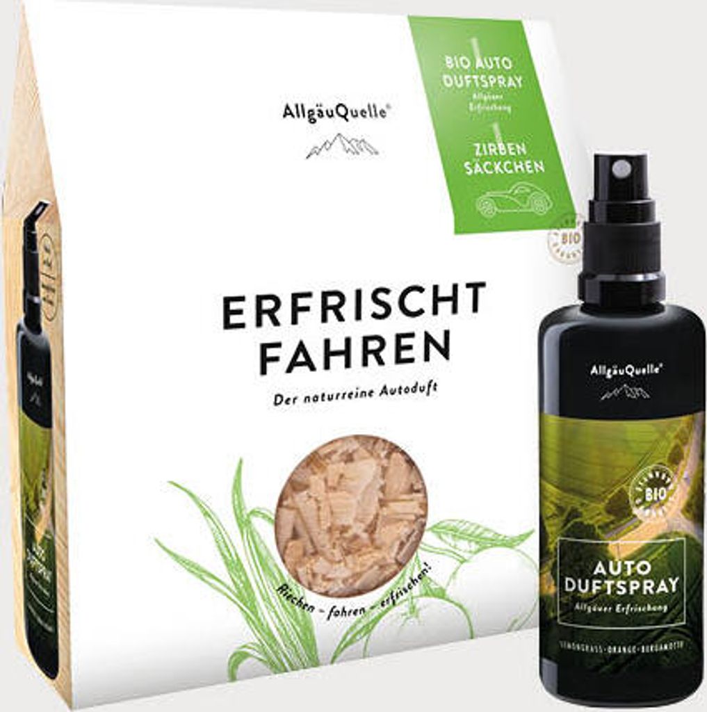 Auto Duftspray Set Erfrischung mit 1 x 100ml Lemongrass, Orange & Bergamotte + Zirben-Säckchen