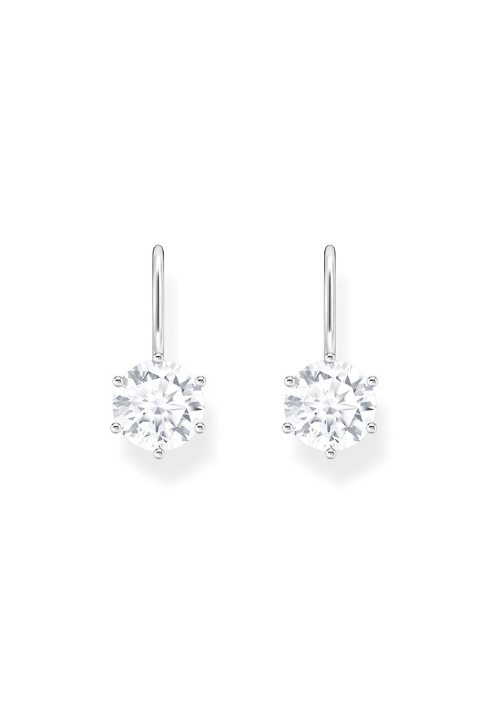 A pair of diamond drop earrings on a white background.