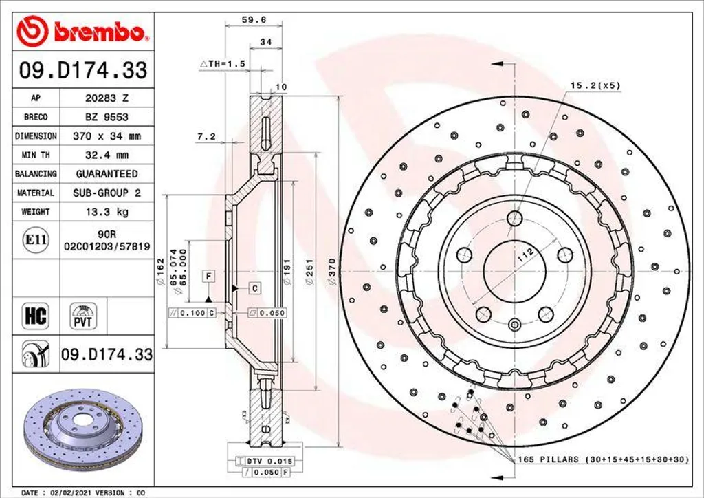 Brembo 09.D174.33 Disque de Frein Ventilé Haute Teneur en Carbone