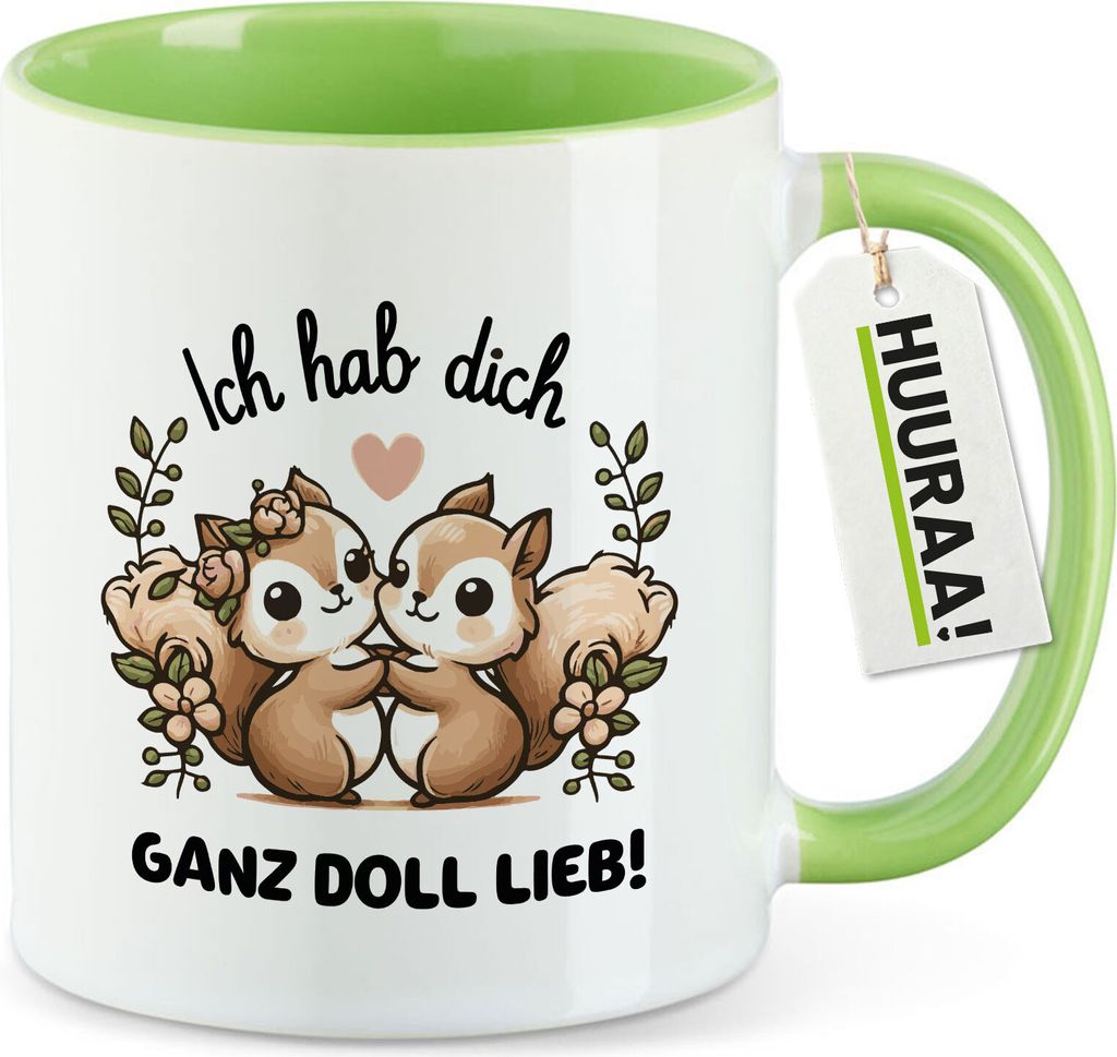 Huuraa Kaffeetasse Ich hab dich ganz doll lieb Einchhörnchen 330ml Grün Keramik Kaffeebecher Geschenkidee