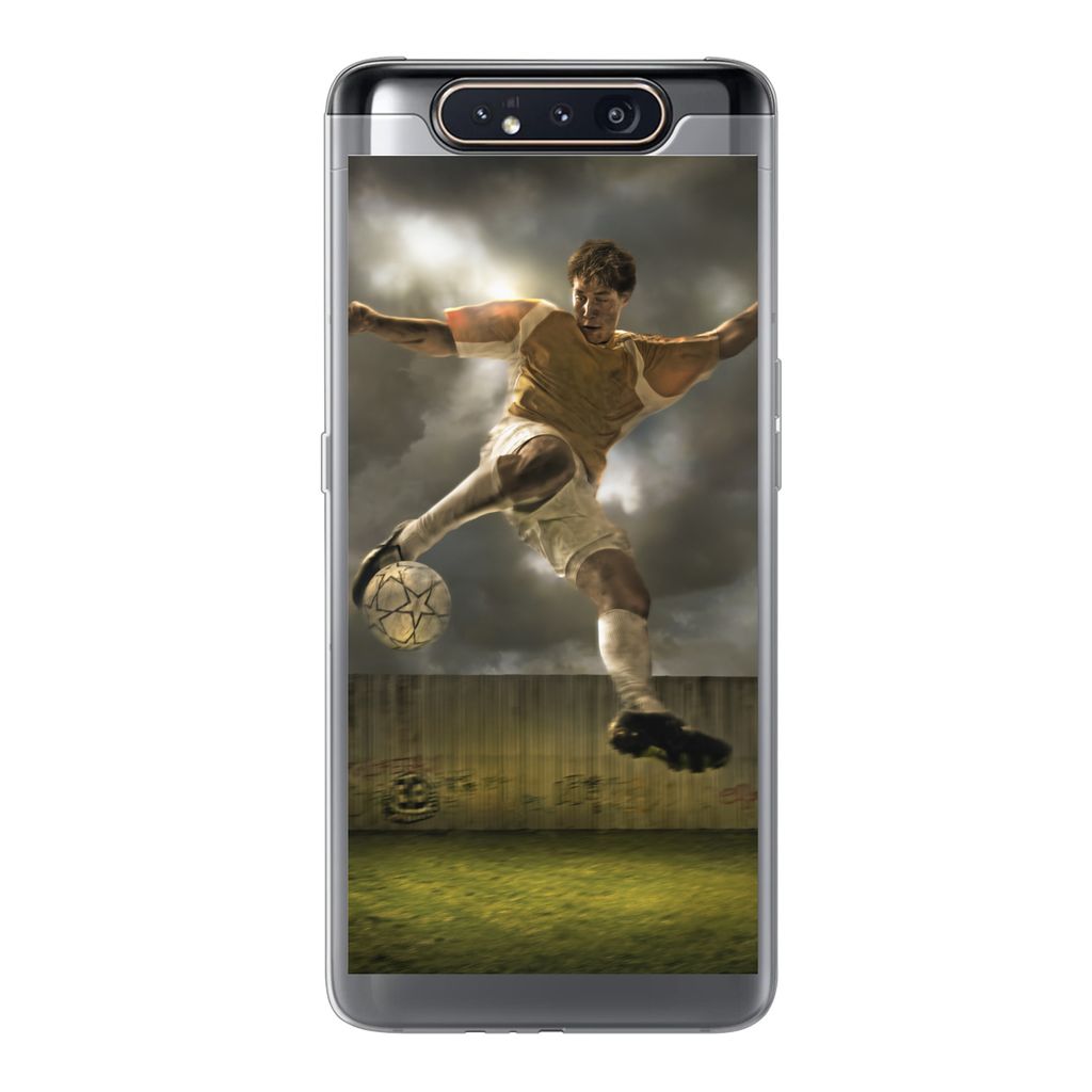 MuchoWow Handyhülle Schutzhülle Hülle für Samsung Galaxy A80 Eine Illustration eines Fußballspielers, der den Ball schießt - Jungen - Kinde...