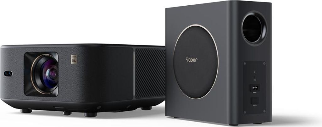 A black projector and a black subwoofer are displayed side-by-side on a white background.