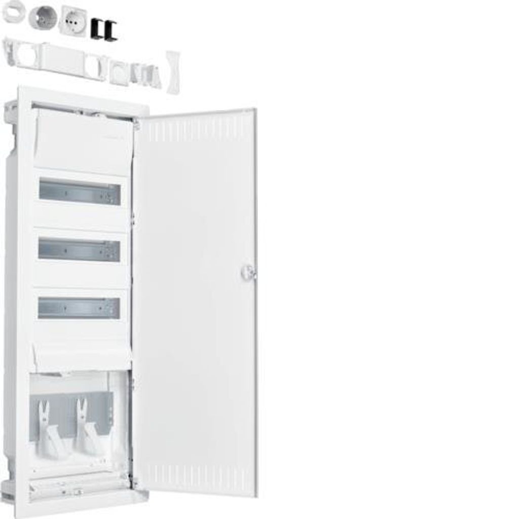 A white electrical distribution board with its door open, showing internal components and some accessories laid out above.