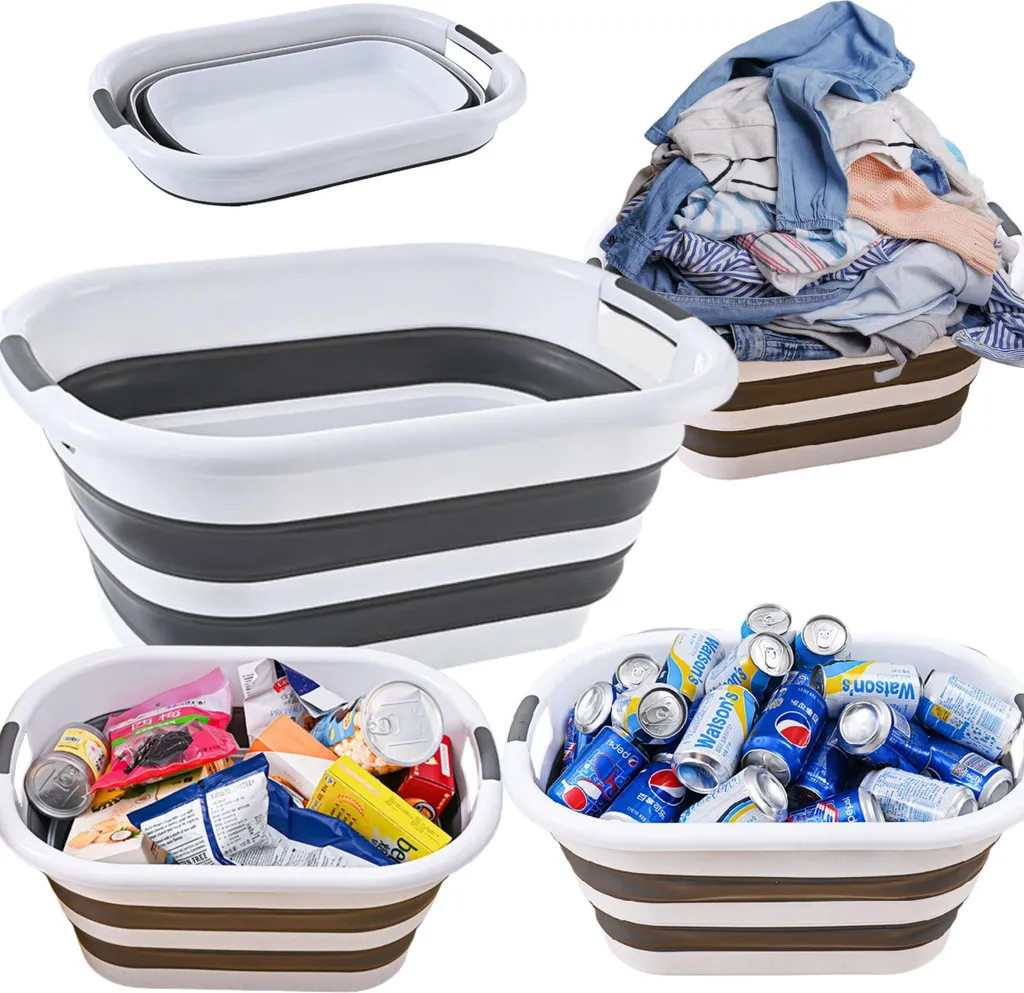 SAMMART Cesto Portabiancheria Pieghevole Pop-Up 25L – Contenitore Salvaspazio In Plastica TPE/PP, Bianco/Grigio, Con Maniglie