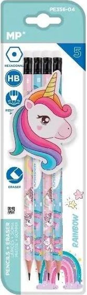 Sechseckiger Bleistift HB mit Radiergummi Einhorn 4 Stück