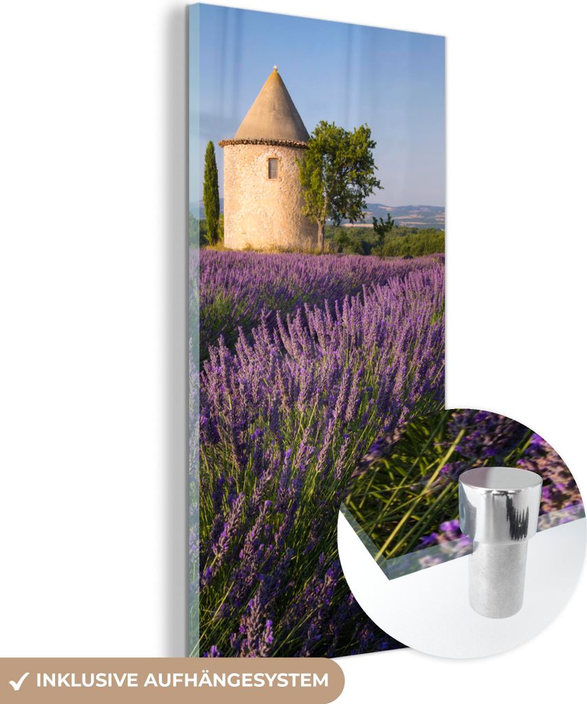 MuchoWow Glasbilder - Bilder auf Wandbild - Foto auf Glas Runder Turm auf einem Lavendelfeld in Frankreich 40x80 cm Wanddekoration aus Glas - Acryl...