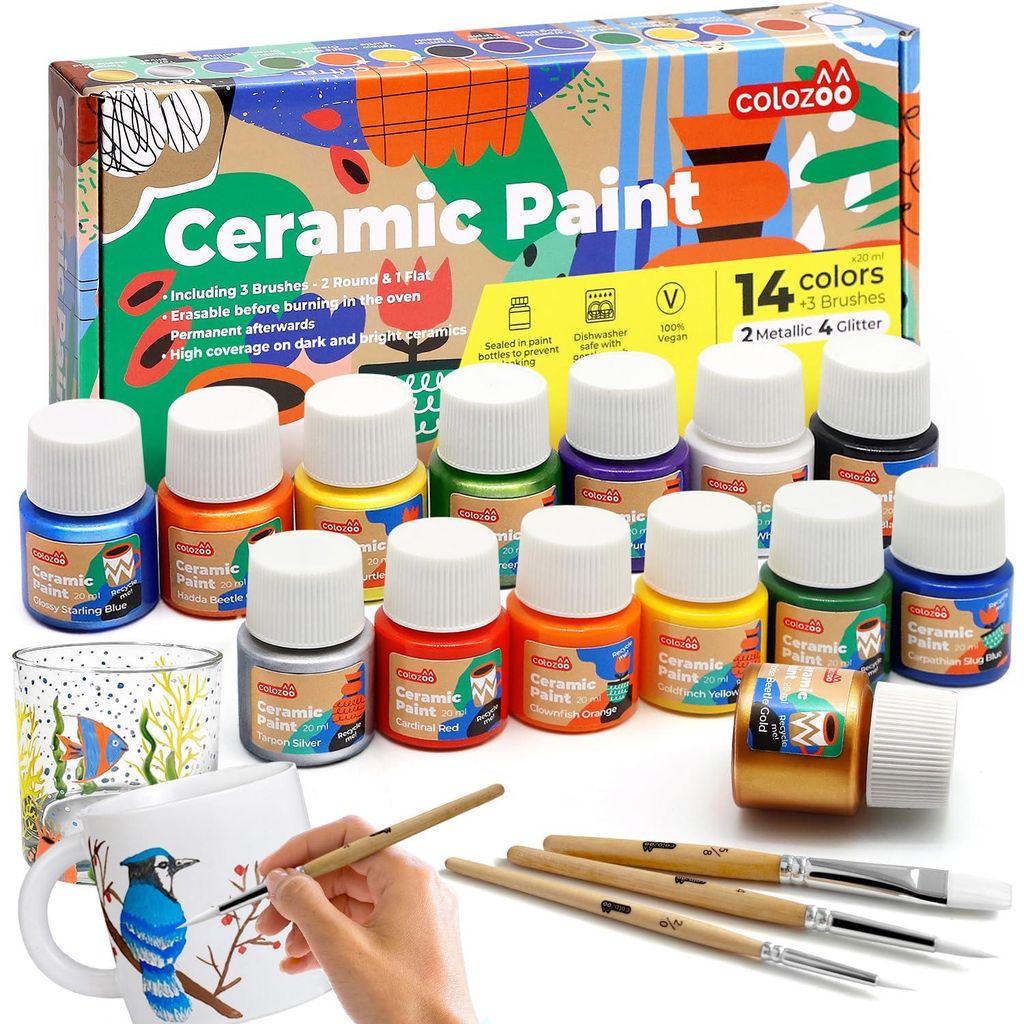 Colozoo Glas- und Porzellanfarben Set – 14x20ml inkl. Gold, Silber & Glitzer | Spülmaschinenfest nach Einbrennen | Mit 3 Pinseln