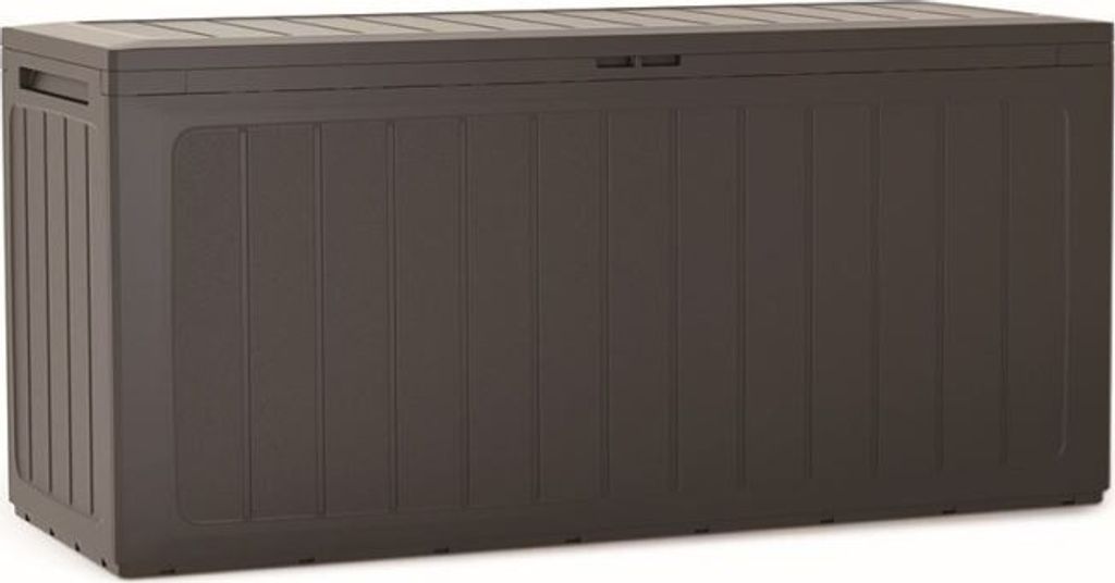A brown plastic storage box is shown from the front.