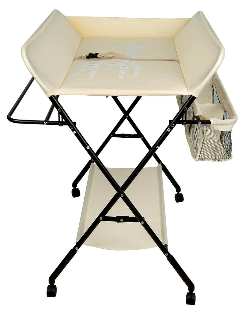 Wickeltisch, klappbar, Wickeltisch, höhenverstellbar, mit Aufbewahrungskorb, Sicherheitsgurt und 4 Rollen mit Bremse, (Beige)
