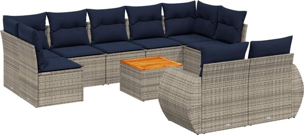 vidaXL 10-teiliges Gartensofa-Set mit Kissen, grau, Polyrattan