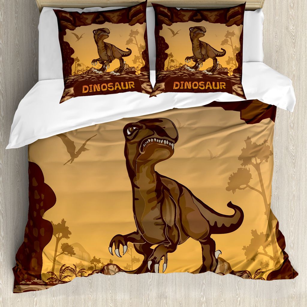 ABAKUHAUS Fantasie Bettbezug, Riesen-Dinosaurier Cliffs, Milbensicher Allergiker geeignet mit Kissenbezügen, 155 cm x 220 cm - 80 x 80 cm, Aprikos...