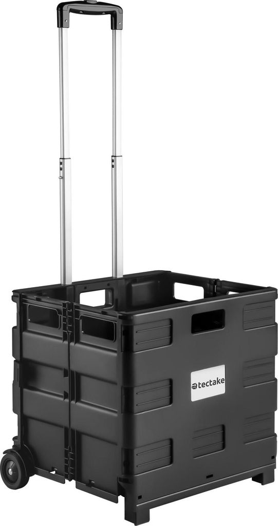 A black foldable shopping trolley with a telescopic handle and wheels, shown against a white background.