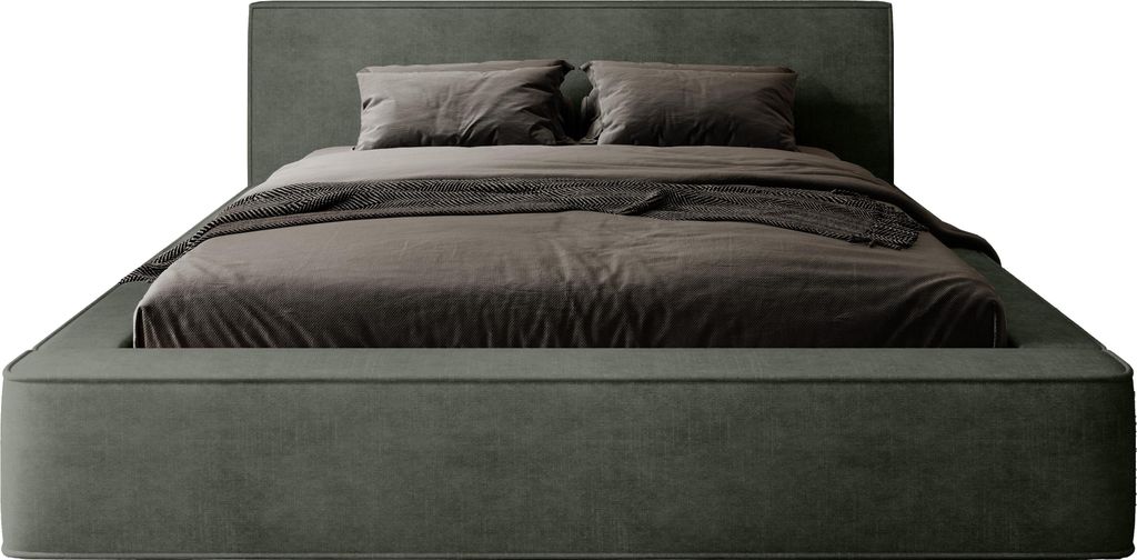 A bed with pillows and a blanket, shown from the front.