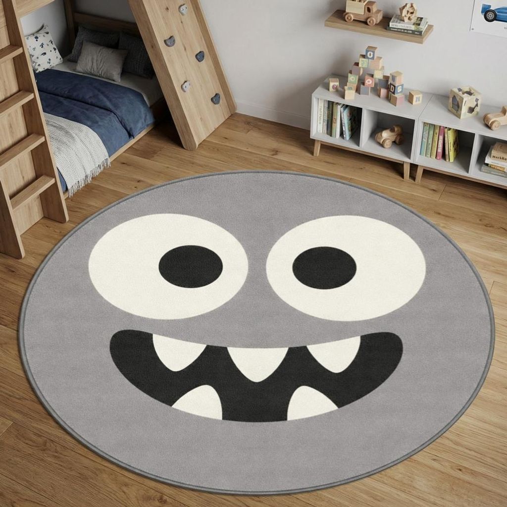 Spielteppich Grau mit Monster Gesicht Größe - 160 cm Rund