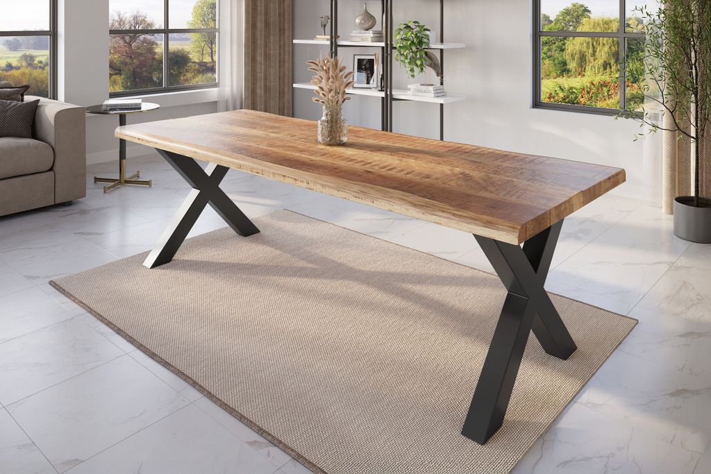 Esstisch Baumkante 260 x 100 cm Mangoholz Rough X-Gestell schwarz ATLAS