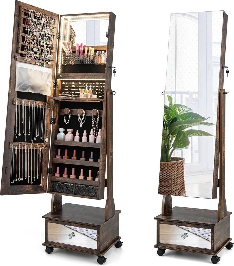 Armoire à bijoux avec miroir réglable et tiroir sur roulettes - Marron