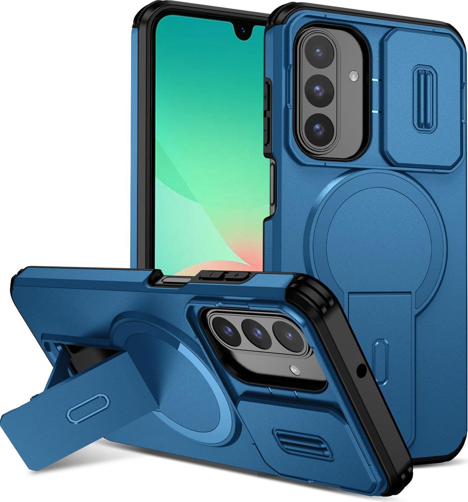 Magnetisch Hülle für Samsung Galaxy A26/A17 5G/4G, Dual Layer Stoßfest Handyhülle mit Dia Kameraschutz, Verstellbarem Ständer Blau