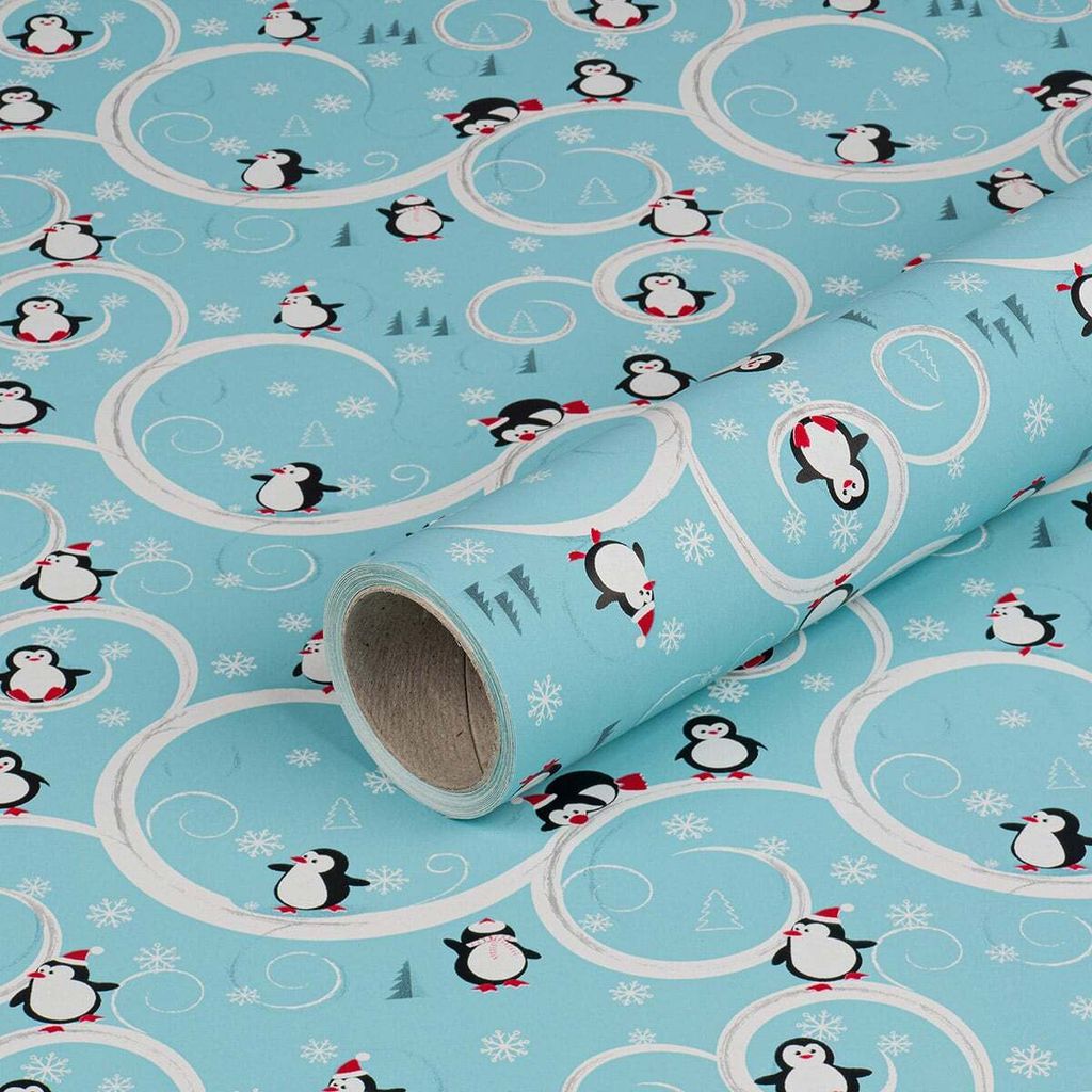 Geschenkpapier für den Winter, Lustige Pinguine, Hellblau, 0,70 x 10 m