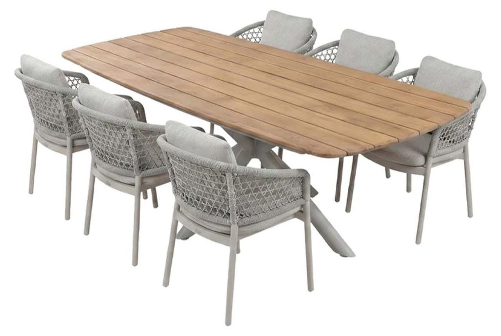 7-teiliges Gartenmöbel-Set | 6 Nardo Gartenstühle (Cream & Naturel) | Gartentisch Leverano (Teakholz & Naturel) 240x110 cm