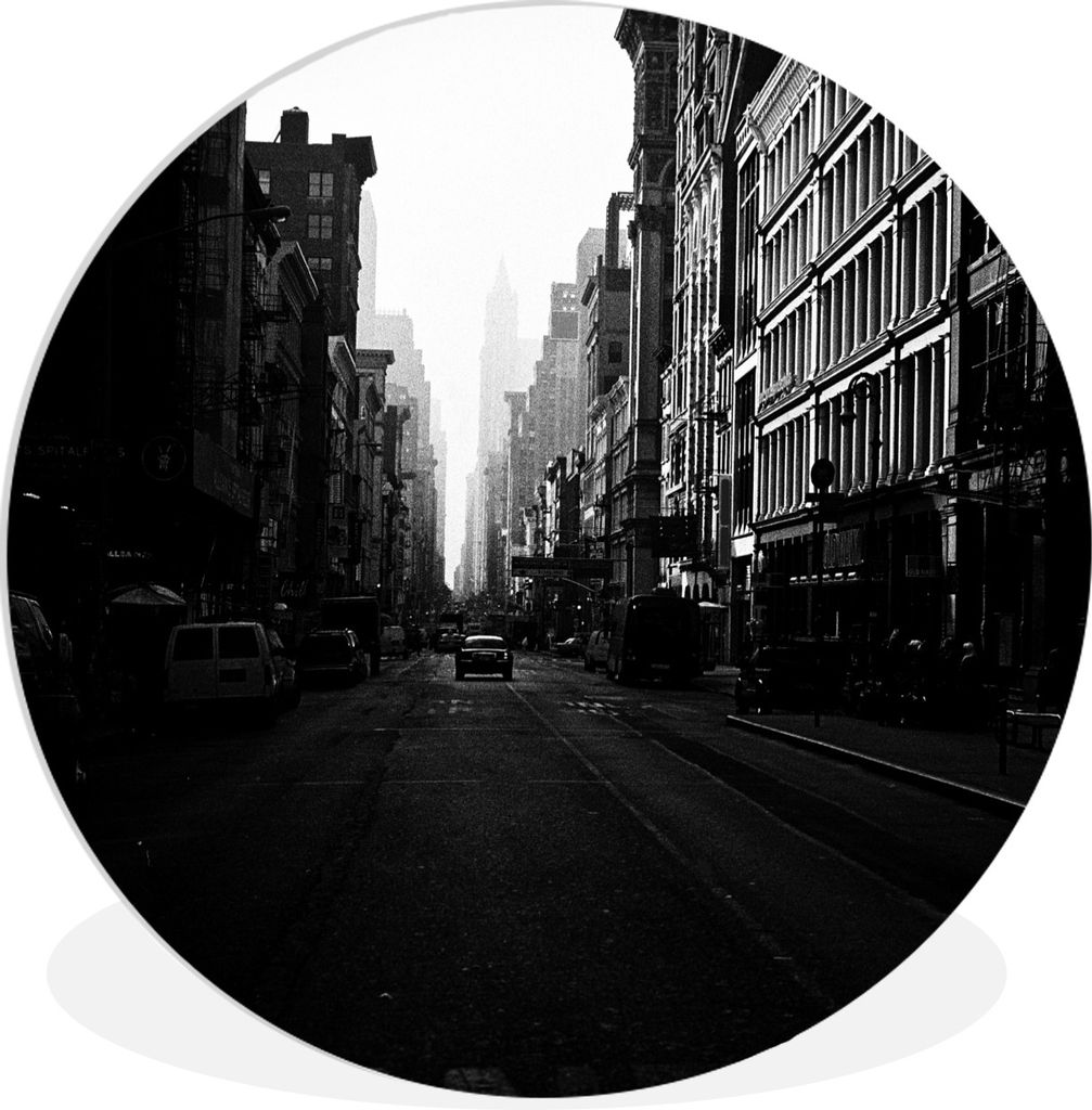 MuchoWow Rundes Wandbild - Runde Bilder Autofahrt durch eine ruhige Straße in New York in schwarz-weiß Ø 90 cm Kreis Wanddekoration Kunststoff...