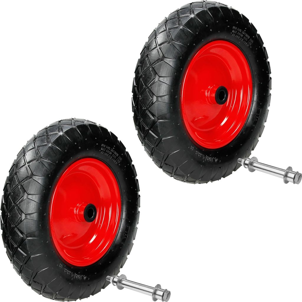 ECD Germany 2er Set Schubkarrenrad luftbereift mit Achse, 4.80/4.00-8, Durchmesser 390 mm, 95 mm Breite, 200 kg, Reifen mit Stahlfelge Rot